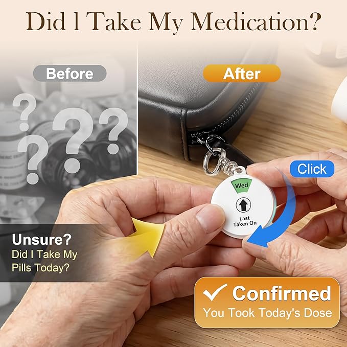 Weekly Pill Organizer,Vegan Leather Travel Medicine Bag - Pill Container with 7 Color-Coded Resuable Waterproof Pills Pouches, Dual-Sided Labeling Design & Reminder Spinner for Vitamins, Supplements