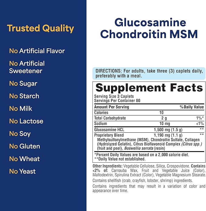 Puritan's Pride Glucosamine Chondroitin MSM Dietary Supplement for Joint Health, 240 Coated Tablets(Packaging may vary)