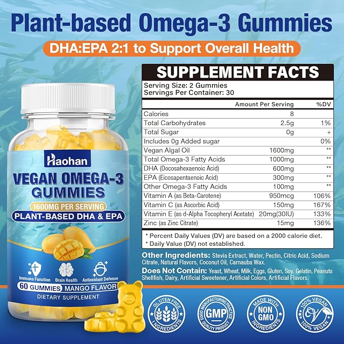 Omega-3 Gummies for Adults, Orange Flavor – Sugar-Free, Algae-Derived DHA 600mg & EPA 300mg, with Vitamins A, C, E, Zinc, 120 Gummies