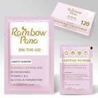 RainbowPana Feminine Wipes, 120 Count ON-THE-GO Individually Wrapped | Flushable Wipes, Travel Wipes for Women, Pre/Post-Intimacy Cleansing | Aloe, Portulaca, Vitamin E | pH Balanced, Biodegradable