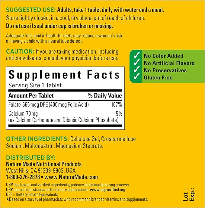 Nature Made Folic Acid 400 mcg (665 mcg DFE) Dietary Supplement for Nervous System Function, Folic Acid Supplements for Women and Men, 250 Tablets, 250 Day Supply