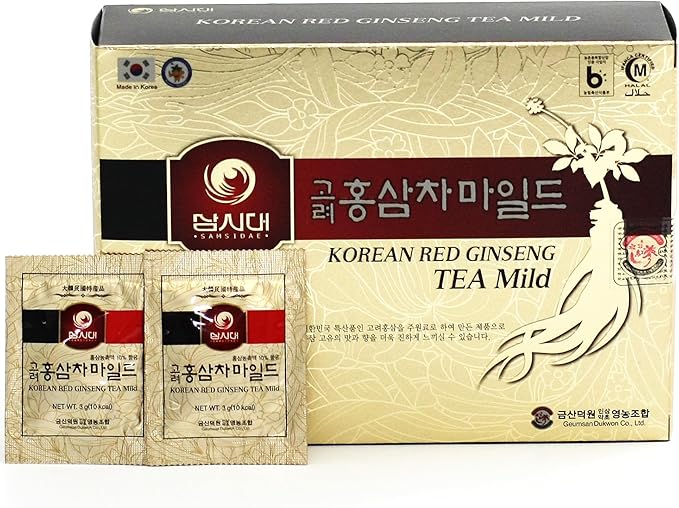SAMSIDAE Korean Panax Red Ginseng Instant Tea, Box of 50 Sachets, Improves Blood Circulation, Intellectual Performances and Memory, stimulates Energy