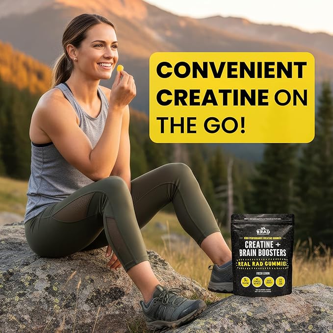 B.rad Real Rad Creatine Gummies | 5g Creatine Monohydrate Per Serving | with Alpha GPC, L-Theanine, L-Tyrosine, L-Citrulline & Panax Ginseng | Natural Lemon Flavor | 100 XL Gummies
