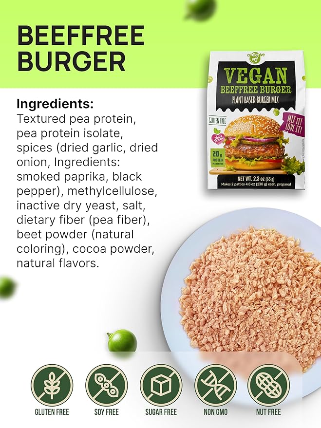 Creative Pea Beeffree Burger Mix 4-Pack | Plant-Based Patties | High-Protein Shelf-Stable Pea Protein | Just Add Water & Oil | Quick Vegan Meal Kit | Gluten-Free | 4 x 65g