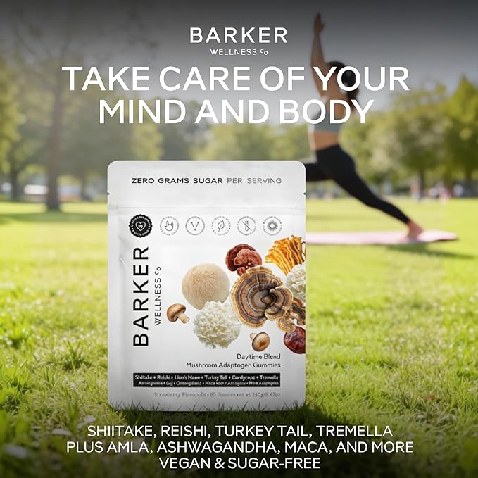 Barker Wellness Daytime Sugar-Free Adaptogen Mushroom Gummies - Lion's Mane, Cordyceps, Reishi & Shiitake | Vegan, Immune System Support, Natural Energy, Enhanced Focus & Mood for Adults | 60 Count