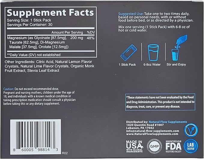 Magnesium Powder Drink Mix - Lemon/Lime - Natural Flow 4X Magnesium Glycinate, Taurate, Malate, Orotate Supplement, Calm Sleep and Cramp Support Blend, No Mag Citrate or Oxide, 30 Packs (Drink Mix)