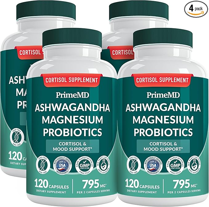 PrimeMD 5-in-1 Cortisol Supplement for Women and Men with Ashwagandha for Calmness, Focus, and Adrenal Support Supplements with Shilajit Extract, Magnesium Glycinate, Probiotics (120 ct) (Pack of 4)