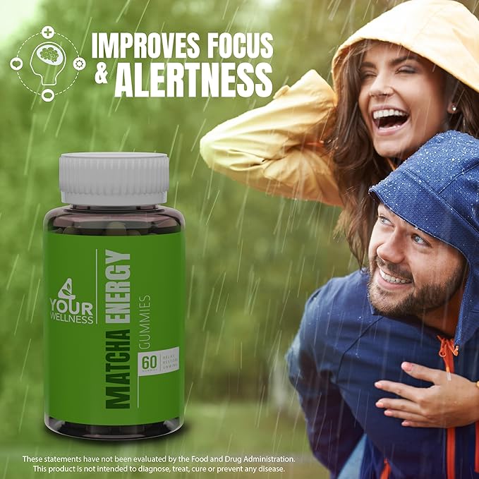 Matcha Green Tea Energy Gummies with Vitamin B12, B3, CoQ10 for Daily Energy and Metabolism Support - Vegan, Gluten-Free, Non-GMO, Kosher - 30 Day Supply, 60 Count Supplement