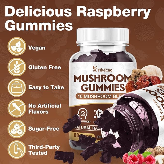 Mushroom Gummies for Adults, 10 Blend Mushroom Supplement with Lions Mane, Cordyceps, Reishi, Chaga and Turkey Tail for Focus and Energy, Raspberry Flavor, 60 Count