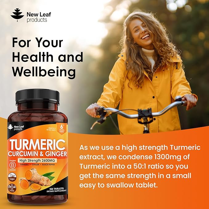 Turmeric Tablets - High Strength Extract with Black Pepper & Ginger (365 Tablets) Active 95% Turmeric Curcumin Supplements, Vegan, GMP, GMO Free Gluten Free, UK Made by New Leaf