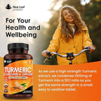 Turmeric Tablets - High Strength Extract with Black Pepper & Ginger (365 Tablets) Active 95% Turmeric Curcumin Supplements, Vegan, GMP, GMO Free Gluten Free, UK Made by New Leaf