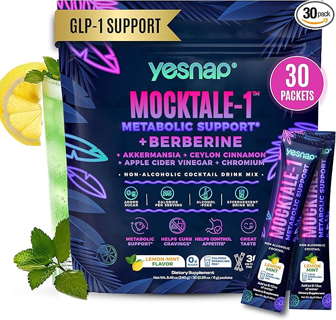 MOCKTALE-1 Metabolic GLP-1 Weight Management Supplement with Berberine & Akkermansia, Chromium, Ceylon Cinamon, Apple Cider Vinegar Lemon Mint Flavor Non-Alcoholic Cocktail 30 Packets