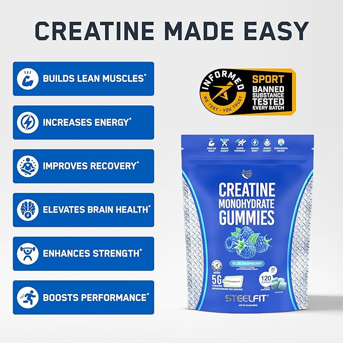 SteelFit Creapure Creatine Monohydrate Gummies for Men & Women, Blue Raspberry - Gym Workout Nutritional Supplements for Muscle Gain, Brain Health & Strength Building Dietary Supplement, 120 Gummies