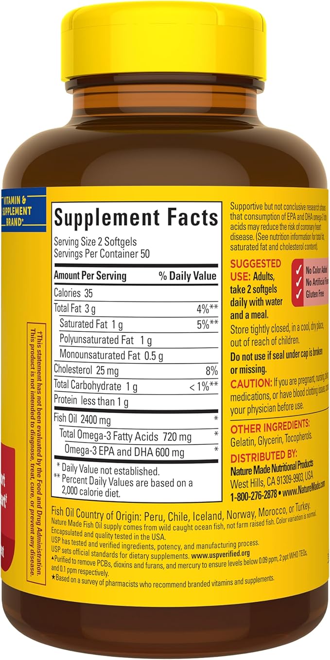 Nature Made Fish Oil Omega 3 Supplements, 1200mg Softgels, Omega 3 Fish Oil for Healthy Heart Support, 100 Softgels, 50 Day Supply