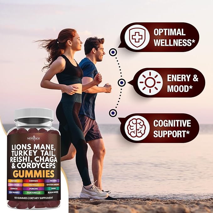NEW AGE Mushroom Lion's Mane Supplement Gummies - Comprehensive Mushroom Supplement with Reishi, Cordyceps - 180 Count