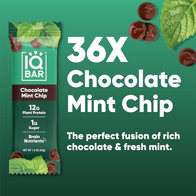 IQBAR Clean Plant Protein Bars - Chocolate Mint Chip - 36 Count - Keto, Vegan, High Fiber, Gluten and Dairy Free, Low Sugar Snack - Brain and Body Nutrients for Focus, Energy, Meal Replacement