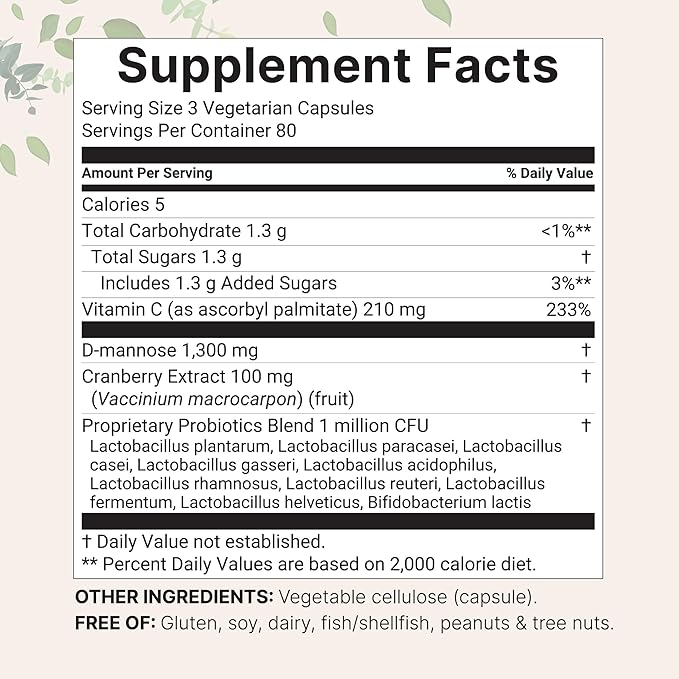 Pure D Mannose 1,300mg with Cranberry & Probiotics, 240 Veggie Capsules | Urinary Tract Health for Women | Plus 1 Million CFU Probiotics Blend & High Absorption Vitamin C | Filler Free, Non-GMO