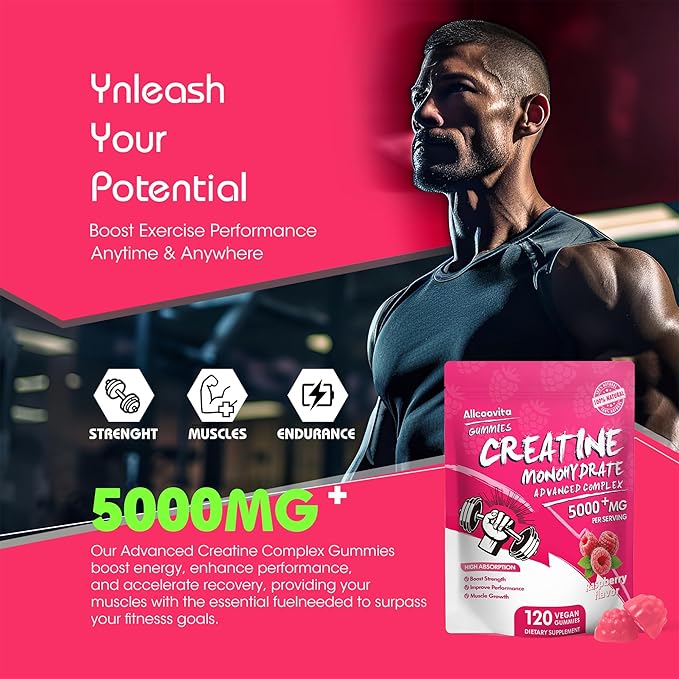 NSF Certified Creatine Gummy - Creatine Monohydrate Gummies 5000mg for Men & Women -120 Gummies Advanced Formula, Muscle Strength, Muscle Builder, Energy Boost, Pre-Workout Supplement-Raspberry