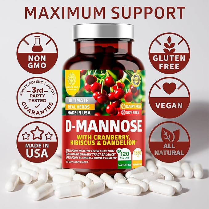 Number One Nutrition Premium D Mannose Supplement for Women and Men [Max Strength, 1350MG] Natural D-Mannose with Cranberry, Hibiscus and Dandelion for Urinary Tract Health, 120 Count