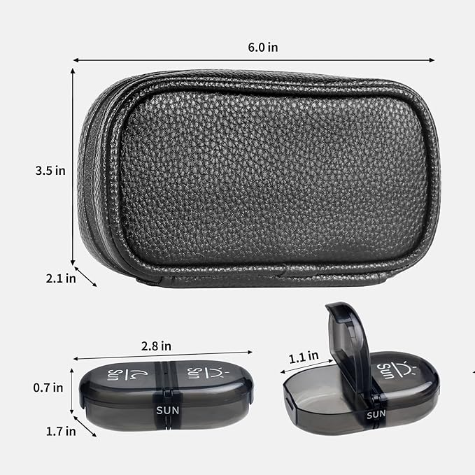 Serfeymi Weekly Travel Pill Organizer 2 Times A Day AM PM Upgraded Black Pill Box 7 Day with Portable Zipper PU Leather Pill Case, Medicine Organizer for Pills, Vitamins, Fish Oils - Black 01
