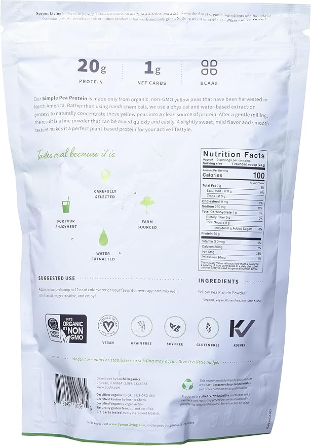 Sprout Living Organic Pea Protein Powder, Unflavored, 20 Grams of Plant Based Organic Protein Powder Without Artificial Sweeteners, Non Dairy, Non-GMO, Vegan, Gluten Free (1 Pound, 19 Servings)