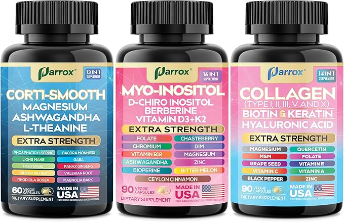 She Shines Set - Collagen Peptides Types I, II, III, V, X, Biotin, Keratin, Myo Inositol & D-Chiro Inositol, Berberine, Cortisol Support, Magnesium, Ashwagandha, L-Theanine, Lions Mane