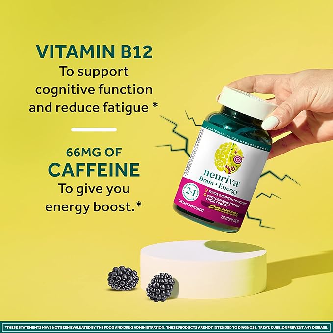 NEURIVA Brain + Energy Gummies, Nootropic Brain Supplements for Focus and Concentration with Neurofactor, Vitamin B12 & Caffeine for an Energy Boost*, 75ct Natural BlackBerry, (Pack of 2)