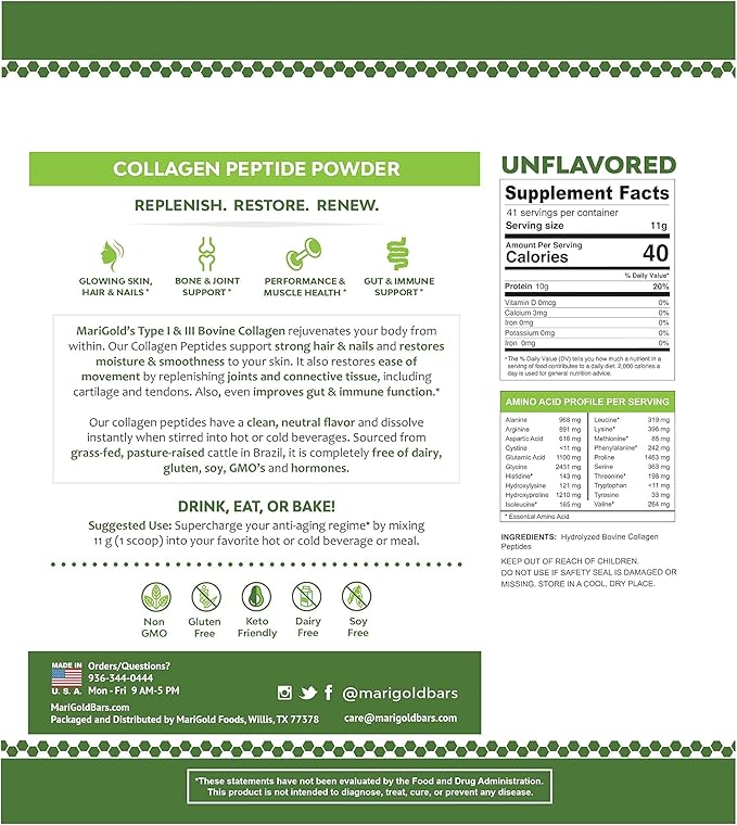 MariGold Grass-fed Collagen Peptides Powder Unflavored 1LB - 100% Pure, Type I & III Bovine Hydrolyzed Collagen, Non-GMO, Hormone-Gluten-Dairy Free, Keto-Friendly, Easy to Mix