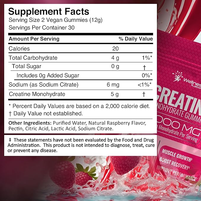 Creatine Gummies 5000mg, 30 Servings Creatine Monohydrate Gummies - Third-Party Tested Creatine for Women, Raspberry Flavor Creatine for Men, Muscle Growth, Strength, and Recovery - Pack of 1