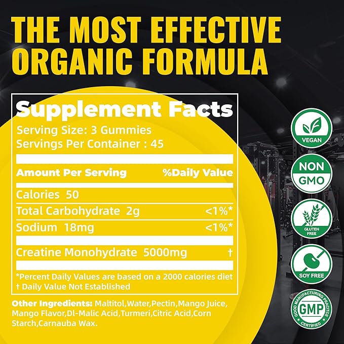Creatine Monohydrate Gummies – Pre-Workout Energy & Muscle Growth Support for Men & Women | Mango Electrolyte Gummies (135 Count)
