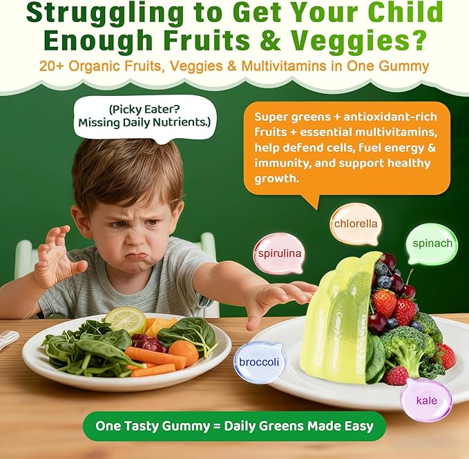 Kids Multivitamin Gummies, 20+ Super Greens Fruit and Veggies Supplement Superfood Daily Gummies with Probiotics for Kids Gummy Vitamins & Minerals for Tummy & Immune Support -Vegan, Sugar Free, 60Cts