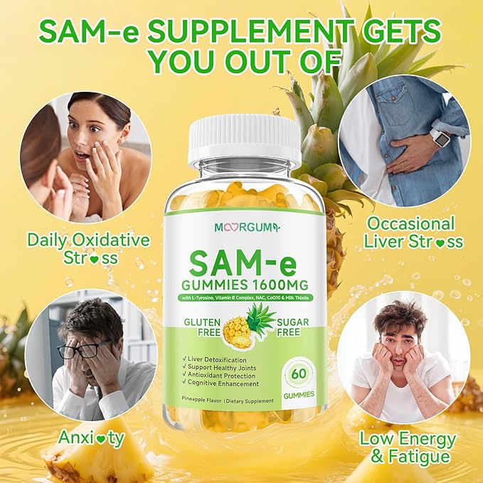 SAM-e L-Tyrosine Gummies with NAC, CoQ10 & Vitamin B Complex, 1600mg SAM-e, 1500mg L-Tyrosine Supplement for Energy, Cellular Antioxidant Support, Emotional Well-Being Support, 120 Count