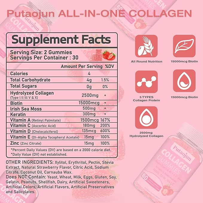 Collagen Gummies | Hair, Skin & Nails Gummies with Biotin, Vitamin C, E, & Zinc | Collagen for Women | Strawberry Flavored | 120 Count
