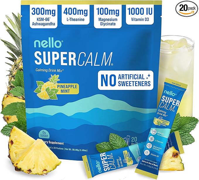 Nello Supercalm Powdered Drink Mix, Cortisol Reducer* and Sleep Aid Supplement, L Theanine, Ksm-66 Ashwagandha, Magnesium Glycinate, Vitamin D 3, No Sugar, Non GMO, On The Go, 20 Ct, Pineapple Mint