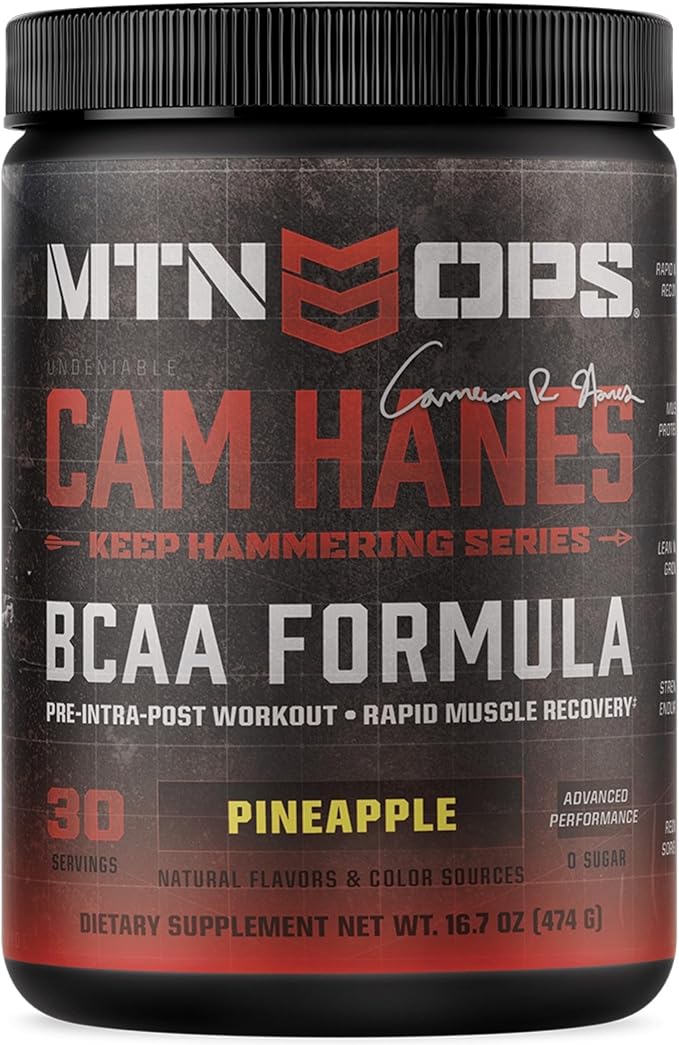 MTN OPS BCAA Powder 2:1:1 Amino Acids Supplement Powder for Rapid Muscle Recovery & Repair with Zero Sugar & Gluten Free - 30-Servings, Pineapple, Cameron Hanes Keep Hammering Series