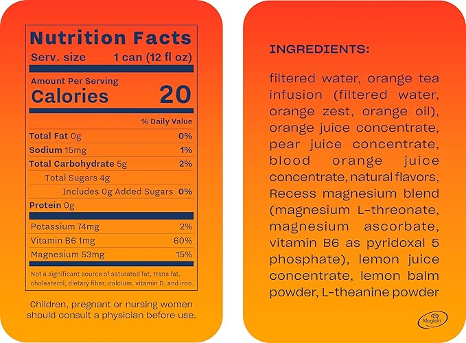 Recess Mood Magnesium & Adaptogen Drink, Relaxation Beverage, 12 Ounce (Blood Orange, 12 Pack)