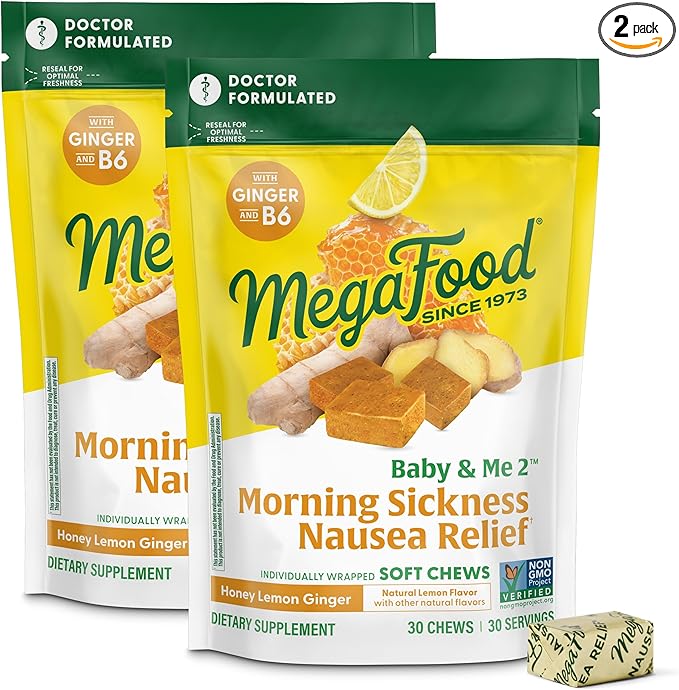 MegaFood Baby & Me Prenatal Morning Sickness Relief, Ginger Chews, with Vitamin B6, Made Without 9 Food Allergens, Honey Lemon Ginger Flavor, 30 Chews (Pack of 2)