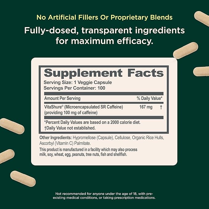 Genius Caffeine - Sustained-Release Microencapsulated Caffeine Pills for Smooth, Long-Lasting Energy & Focus - No Jitters or Crash - 100mg per Capsule - 100 Servings - Natural Performance Booster