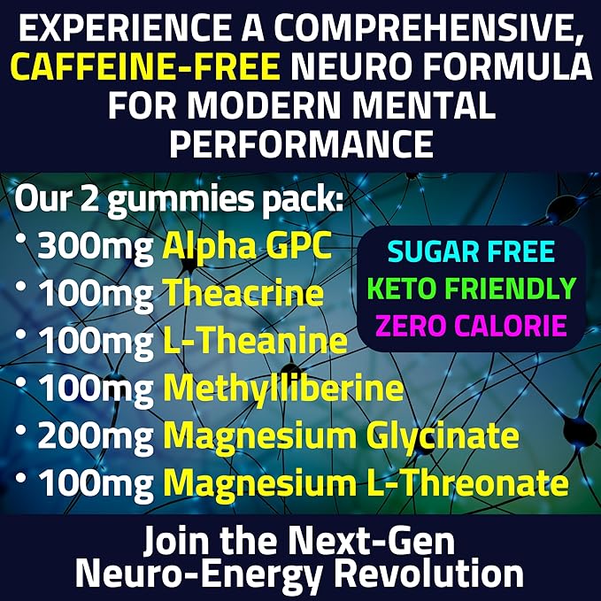 Alpha GPC Teacrine Magnesium L-Threonate & Glycinate Complex L-Theanine Methylliberine Gummies, Caffeine Gum Capsules Pills Supplement Pill Capsule Powder Supplements Alternative, 100mg 200mg 300mg