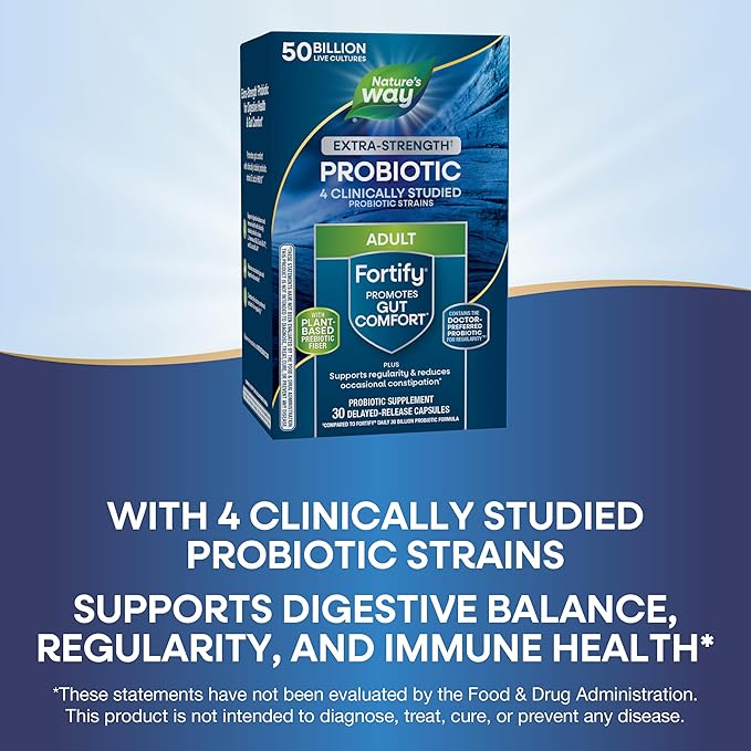 Nature's Way Extra Strength(1) Fortify Probiotic, Probiotics for Digestive Health, Prebiotics, 50 Billion Live Cultures, Digestive & Immune Health Support*, 30 Capsules