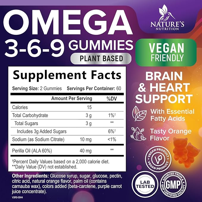 Omega 3 6 9 Gummies - Vegan Omega 3 Supplement Gummy - Essential Fatty Acids Oil 369 Complex Heart Support & Brain Support for Women, Men & Pregnancy, Fish Free Non-GMO, Orange Flavored - 120 Gummies