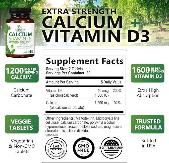 Calcium Supplement with Vitamin D3-1200 mg Calcium per Serving with D3 for Best Absorption - Supports Immune Health, Bones & Teeth - Nature's Calcium is Bottled in USA for Women & Men - 60 Tablets