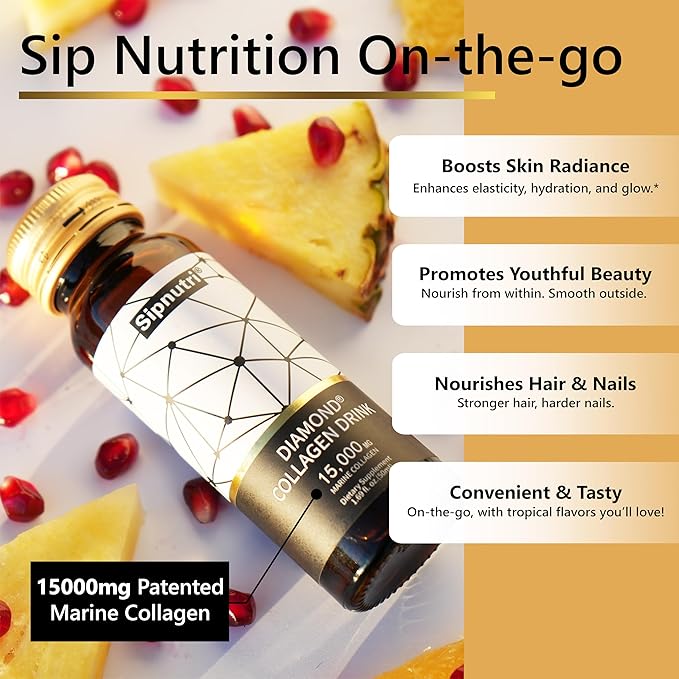 Diamond Liquid Collagen Drink for Women & Men, 15000 mg Hydrolyzed Marine Collagen Peptides with Vitamin C, Pomegranate, Hair Skin Nails Joints Bones Support, 50 ml x 30 Bottles