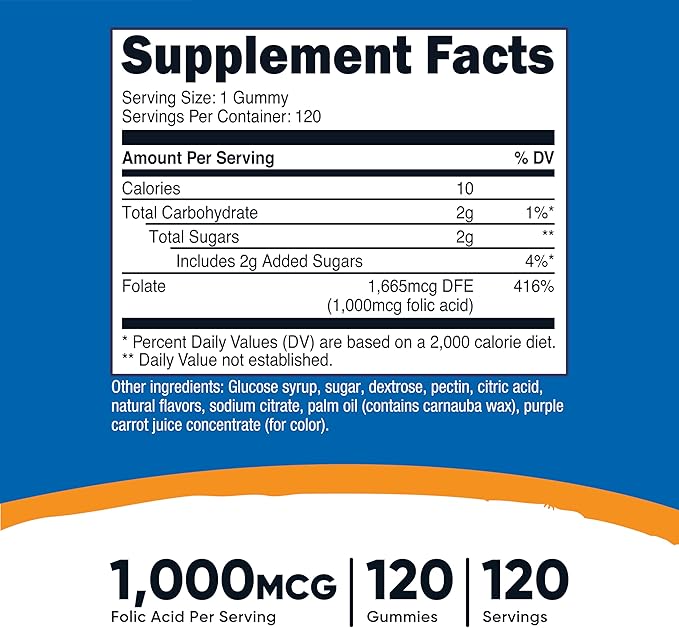 Nutricost Folic Acid (Vitamin B9) Vegetarian Gummies (120 Gummies, 1 mg Folic Acid Per Serving) - Supplement for Men & Women