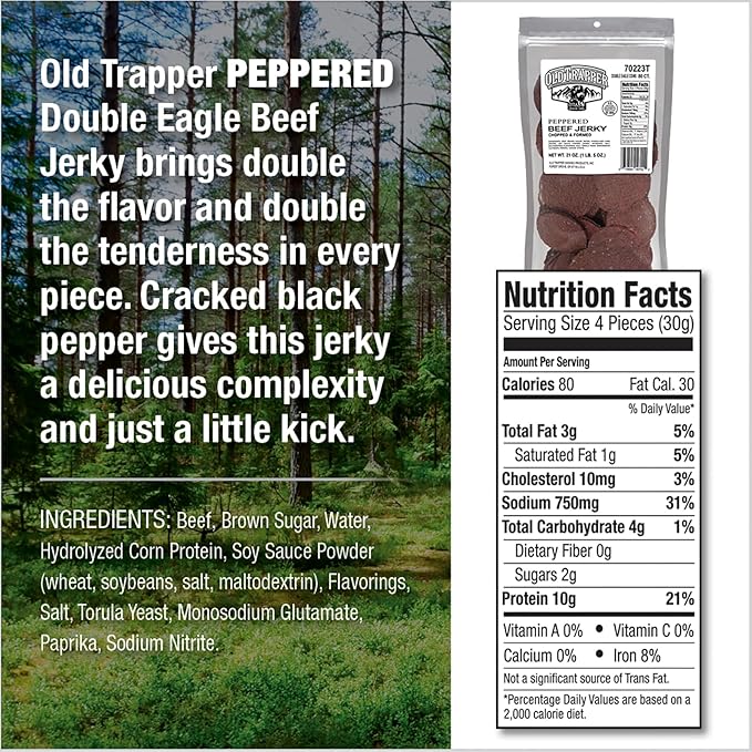 Old Trapper Peppered Double Eagle Beef Jerky, Real Wood Smoked, 10g of Protein, 1 Bag (80 Pieces), (Pack of 2)