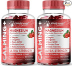 Magnesium Glycinate Gummies, 1000 mg - Magnesium Supplement to Support Relaxation, Heart Health - Chewable Calm Magnesio Gummies for Adults, Glicinato De Magnesio - Strawberry Flavor - Pack of 2