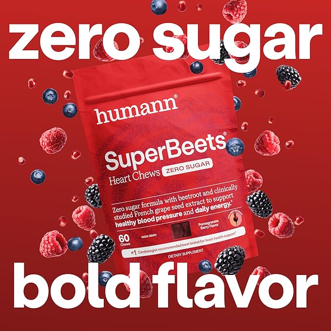 Humann SuperBeets Heart Chews Zero Sugar, Beet Root Supplement, Energy, Nitric Oxide and Blood Pressure Support, Grape Seed Extract & Non-GMO, Heart Health, Pomegranate Berry Flavor, 60 Count