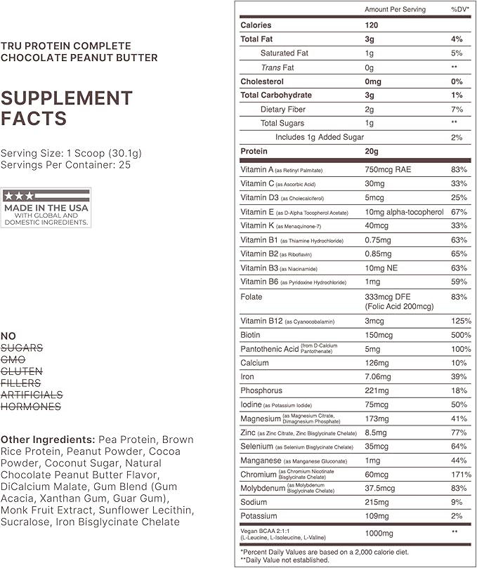 TRU Supplements Plant Based Protein Powder, BCAA, EAA, 20g Vegan Brown Rice & Pea Protein, 100 Calories, 27 Vitamins, No Artificial Flavors 25 Servings (Chocolate Peanut Butter)