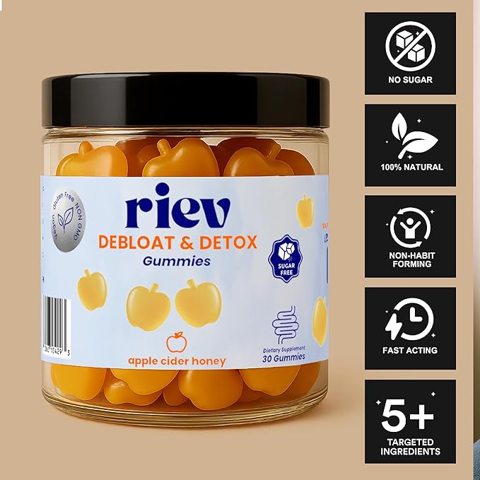 riev Debloat & Detox Gummies – Apple Cider Honey Flavor – Sugar-Free – Daily Gut Support with Ginger, Dandelion, and Magnesium – Gentle Digestion – Vegan, Non-GMO – 30 Count