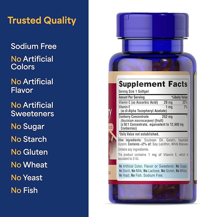 Puritan's Pride Premium Cranberry Fruit Concentrate 252mg (12,600mg Equivalent) with Vitamins C and E, Dietary Supplement for Immune System Support, 100 Rapid Release Softgels,(Pack of 2)
